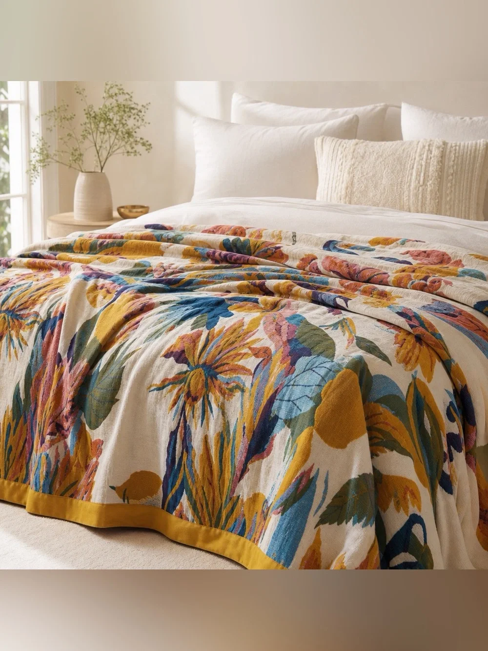 NEW Anthropologie Boho Bird Orange Floral Queen /  King Cotton Pillow Shams Set